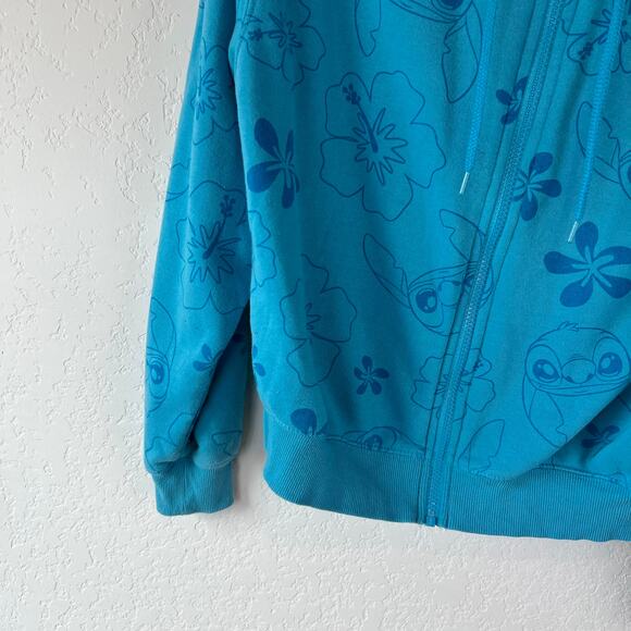 Disney Lilo and Stitch Zip Up Hoodie Jacket Stitch and Floral Print Blue Small - Picture 2 of 6